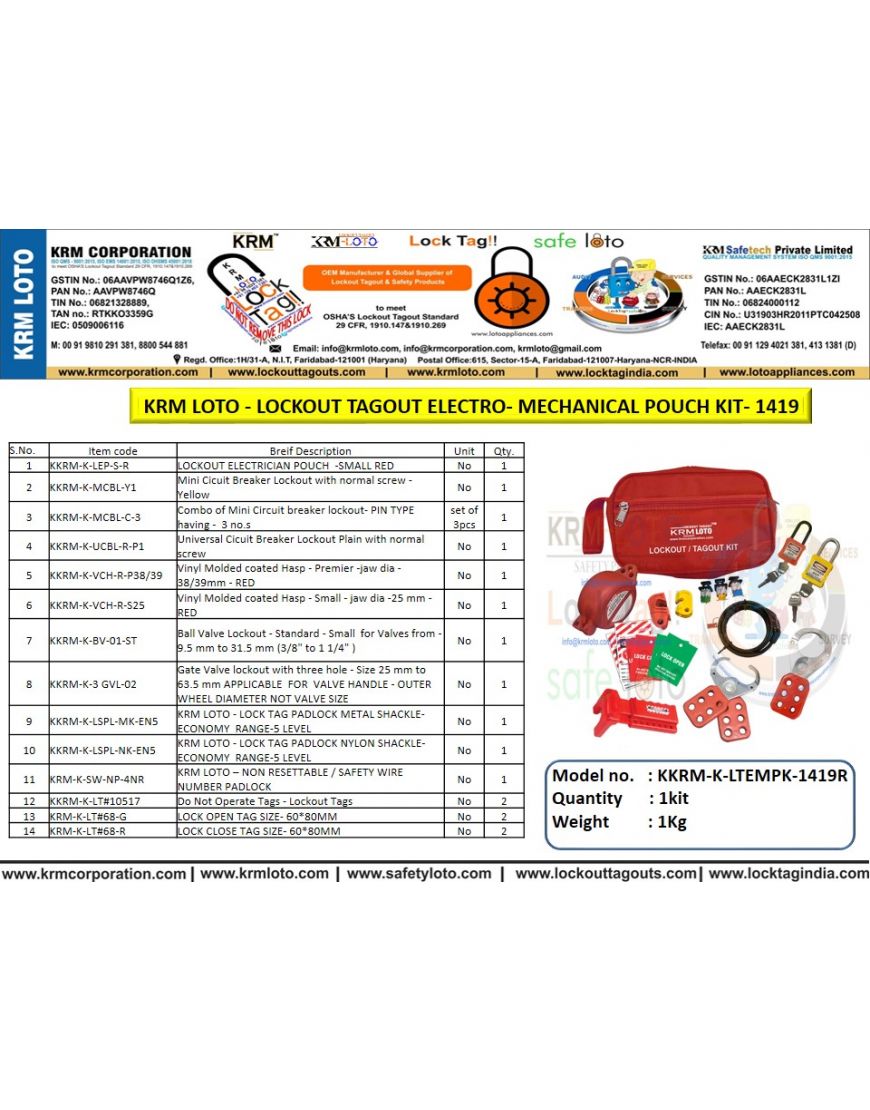 KRM LOTO - LOCKOUT TAGOUT ELECTRO-MECHANICAL POUCH KIT-1419 RED