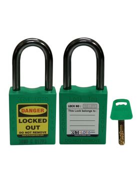 KRM LOTO - OSHA SAFETY LOCK TAG PADLOCK - NYLON SHACKLE WITH ALIKE KEY - GREEN