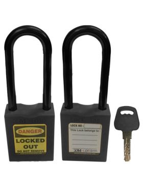 KRM LOTO - OSHA SAFETY LOCK TAG PADLOCK – NYLON – LONG SHACKLE - BLACK