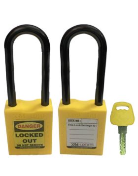 KRM LOTO - OSHA SAFETY LOCK TAG PADLOCK – NYLON – LONG SHACKLE - YELLOW