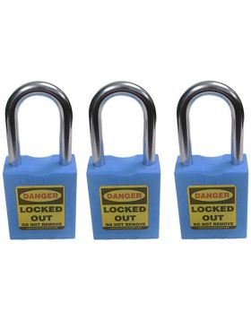 3pcs KRM LOTO - OSHA SAFETY LOCK TAG PADLOCK - METAL SHACKLE WITH ALIKE KEY - BLUE
