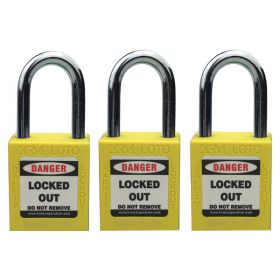 3pcs KRM LOTO - OSHA SAFETY ISOLATION LOCKOUT PADLOCK - METAL SHACKLE WITH DIFFER KEY-YELLOW