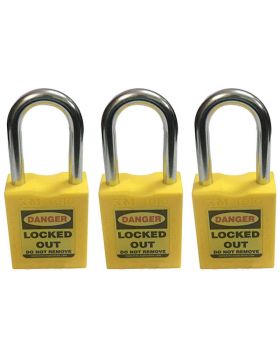 3pcs KRM LOTO - OSHA SAFETY LOCK TAG PADLOCK - METAL SHACKLE WITH ALIKE KEY - YELLOW