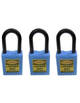 3pcs KRM LOTO - OSHA SAFETY LOCK TAG PADLOCK - NYLON SHACKLE WITH ALIKE KEY - BLUE