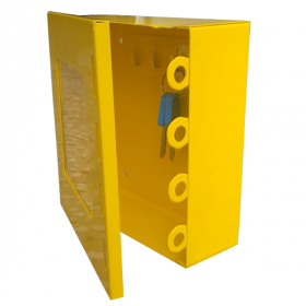 KRM LOTO – LOCKOUT KEY & DOCUMENTATION BOX- CLEAR FASCIA- YELLOW BOX WITH 4 LOCKING HOOK