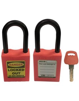 KRM LOTO - OSHA SAFETY LOCK TAG PADLOCK - NYLON SHACKLE WITH ALIKE KEY - RED